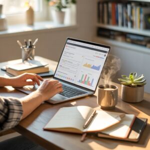 A person learning digital skills on a laptop at a clean desk with notebooks and a cup beside them.