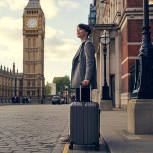 Two travelers walking through a UK city street with luggage, showing a realistic scene that represents long-term travel in the United Kingdom.