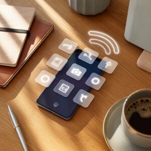 Flat lay of a smartphone on a wooden desk with icons floating above the screen, representing hidden phone tricks for Android and iPhone.