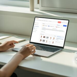 Laptop on a desk showing the Google Sites website editor interface.