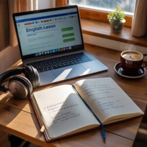 A person learning English online using a laptop, surrounded by notebooks, headphones, and a cup of coffee.