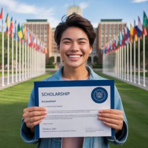 A happy international student holding a scholarship acceptance letter while standing in front of a university campus.