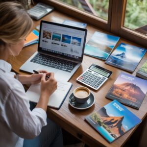 Traveler calculating US vacation costs using a laptop, calculator, and travel brochures on a desk.