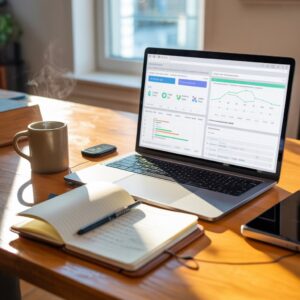 A clean desk setup with a laptop showing hosting dashboards and performance metrics, representing web hosting comparison.