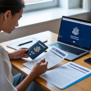 A traveler preparing US visa documents and passport on a desk before attending the embassy interview.