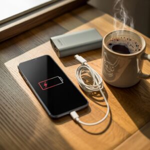 Flat lay of a smartphone with a low battery icon on screen, surrounded by a charger, power bank, and coffee cup on a wooden desk, symbolizing battery drain and daily phone use.