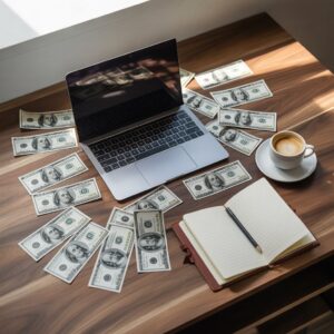 A person organizing their finances at a cozy desk with a notebook, coffee mug, and laptop — symbolizing focus, discipline, and the journey of saving money effectively.