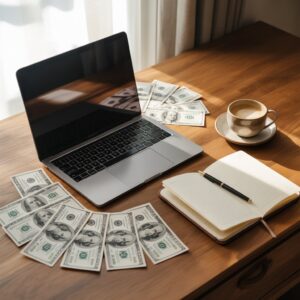 A laptop use learning digital skills on the table with notes and tools around them.