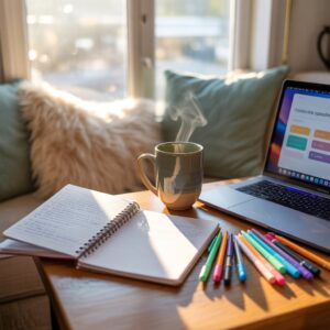 A cozy study desk by a sunny window: open notebook, laptop, coffee mug, pens, and soft warm light creating a calm and focused study atmosphere.