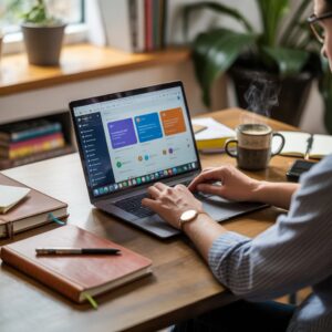 Person using a laptop and smartphone to earn passive income online with no upfront investment.