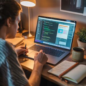 Beginner writing a simple C++ code on a laptop with code editor open on screen