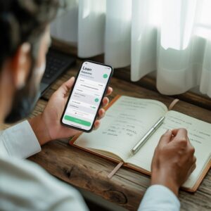 A smartphone displaying a loan-app screen, placed on a desk with a notebook and pen, symbolizing digital lending without physical collateral.