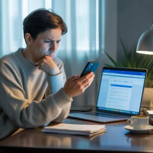 Person holding a smartphone displaying a simple one-page website mockup, with a clean header, short intro text, and a contact button — photographed on a wooden table with a coffee cup nearby.