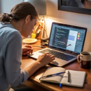 Laptop screen showing Python code editor with a simple program running in the terminal.