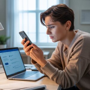 A person sitting at a modern desk using a laptop and holding a mobile phone, trying to figure out which Ai tool to use.