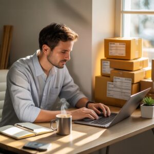 A small business owner working at a cozy desk surrounded by notebooks, a laptop, and packaging materials — symbolizing creativity, focus, and the early stages of entrepreneurship.