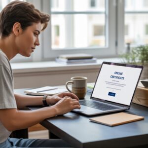 A person taking an online course on a laptop, smiling after earning a free digital certificate.